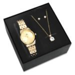 Kit Relógio Colar E Brincos Ponto De Luz Dourado Feminino Luxo Golden Saint Germain Presente Original Joias Elegante Clássico 28mm
