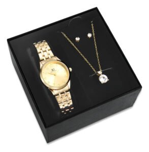 Kit Relógio Colar E Brincos Ponto De Luz Dourado Feminino Luxo Golden Saint Germain Presente Original Joias Elegante Clássico 28mm