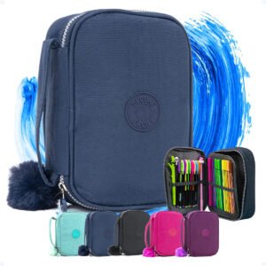 Estojo Box Organizador Escolar Com Divisórias Multifuncional 24 Elásticos Lápis Caneta 100 Pens Masculino Feminino Decore Fácil ! Azul Escuro