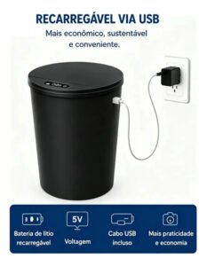 Lixeira Inteligente Automática com Sensor para Cozinha e Banheiro, 16 Litros Preto