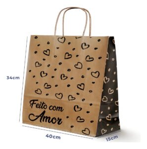 Sacola De Papel G 40x34x15cm 50und Feito Com Amor Kraft Monolúcido Com Alça Torcida Embalagem Acesso