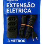 Extensão Elétrica 3 Metros Preta Compacta Tripolar Energia 3 Tomadas Bivolt Creator Brasil