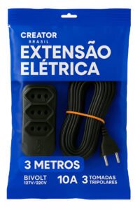 Extensão Elétrica 3 Metros Preta Compacta Tripolar Energia 3 Tomadas Bivolt Creator Brasil