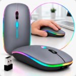 Mouse Sem Fio Recarregável Wireless Optico Led Rgb Ergonômico Sem Fio Para Pc Desktop Notebook Tablet Smartphone Cinza