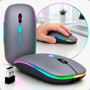 Mouse Sem Fio Recarregável Wireless Optico Led Rgb Ergonômico Sem Fio Para Pc Desktop Notebook Tablet Smartphone Cinza