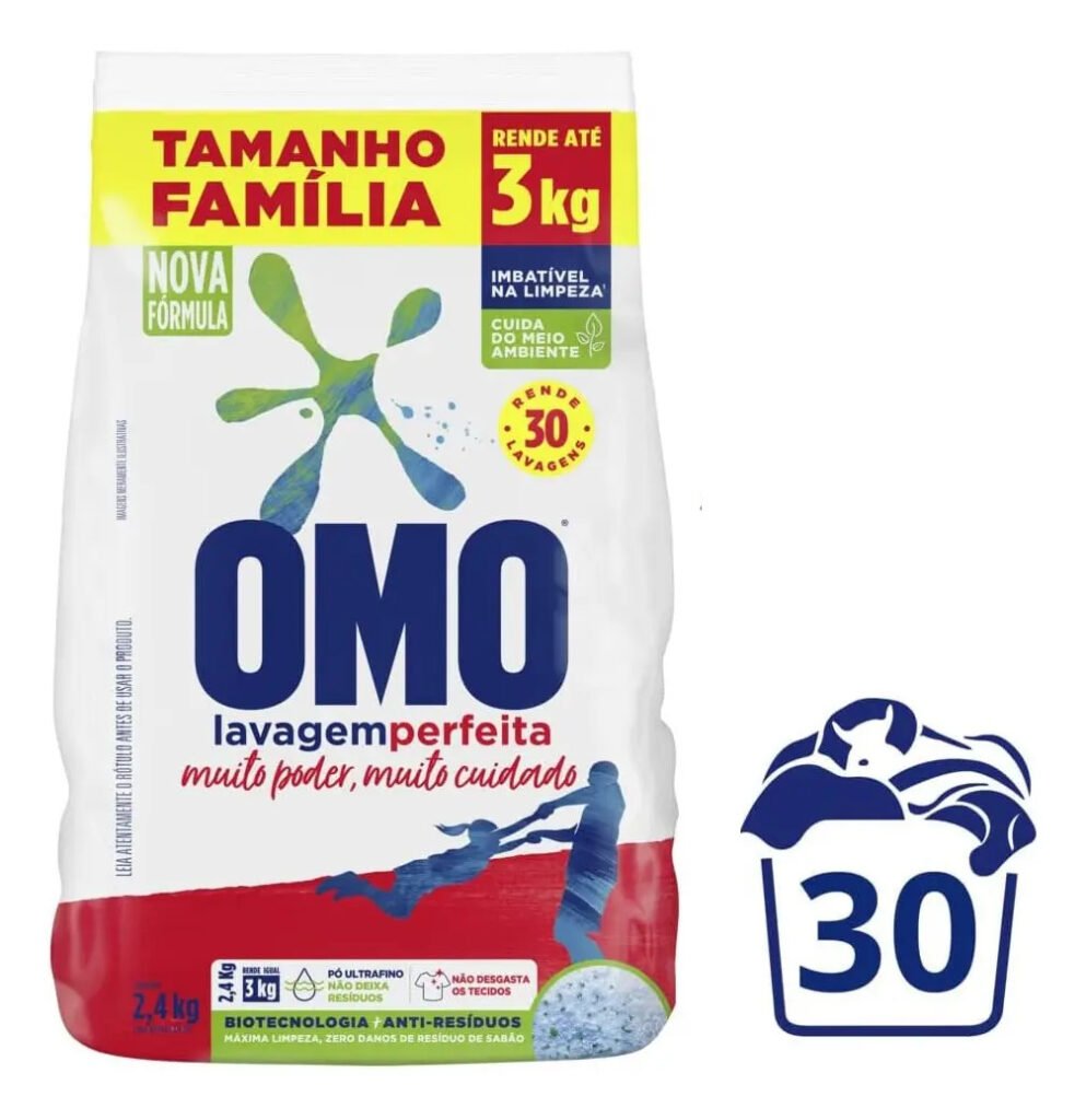 Comparação de sabão em pó Omo concentrado e líquido para custo por lavagem
