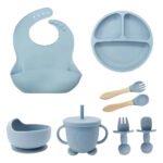 Kit Alimentação Bebê 6-12meses Prato Colher Babador Silicone Cor Azul-claro