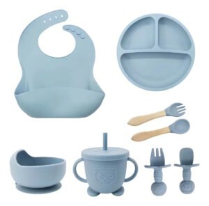 Kit Alimentação Bebê 6-12meses Prato Colher Babador Silicone Cor Azul-claro