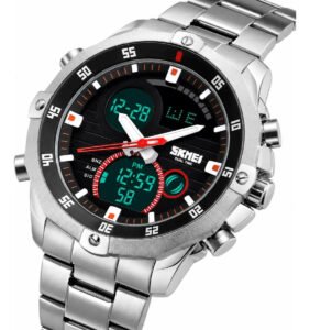 Relógio Skmei 1146 Masculino Aço Inox Prata Fundo Preto AnaDigi Luz Alarme 3ATM