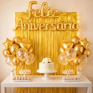 Kit Balão Feliz Aniversário Festa Cortina Faixa Decoração Dourado