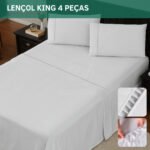 Jogo De Lençol King Micropercal 400 Fios C/ Fronha Ponto Palito 4 Peças Toque Aveludado Resistente Hotel Luxo Premium Cor Branco