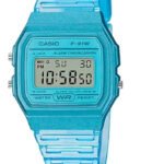 Relógio feminino Casio F-91ws, malha transparente, moldura prateada 2d, fundo cinza
