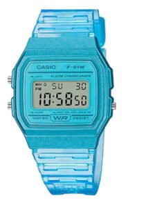 Relógio feminino Casio F-91ws, malha transparente, moldura prateada 2d, fundo cinza