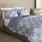 Kit Cobre Leito Colcha Casal 3 Peças Boutis Dupla Face Porta Travesseiro Aba Americana Chevron Azul