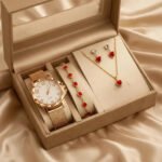 Kit Relógio Feminino Colar Brinco Pulseira Folheado Presente Rose
