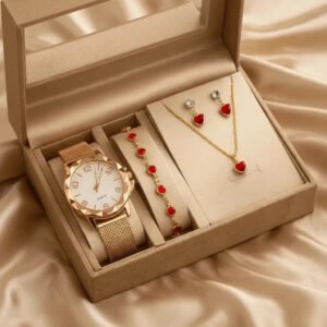 Kit Relógio Feminino Colar Brinco Pulseira Folheado Presente Rose