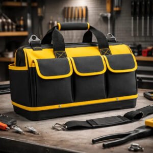 Bolsa Maleta De Ferramentas Grande Reforçada 16 Bolsos Para Eletricista E Profissionais – Fundo Firme Em Borracha – Preto E Amarelo