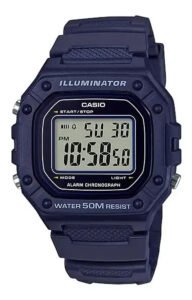 Relógio masculino Casio W-218h, malha azul escura, moldura preta, fundo cinza