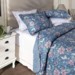 Kit Cobre Leito Colcha Casal 3 Peças Boutis Dupla Face Porta Travesseiro Aba Americana Catarina Azul
