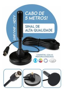 Antena Tv Digital Interna Externa Uhf Vhf Em Alumínio Com Base Magnética Cabo 5m Alta Definição Para Tv E Conversor Sinal Estável Instalação Fácil Sem Mensalidade Davely