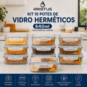 Kit 10 Potes Vidro Hermético Aristus 640ml Marmita Anti Vazamento Forno Micro-ondas Freezer Tampa 4 Travas – Cinza