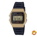 Cronômetro digital Casio F-91w, calendário de alarme, malha preta clara com mostrador azul F91wm2acf, moldura cinza, fundo dourado