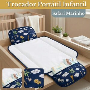 Trocador De Fralda Impermeável Dobrável Retrátil Com Bolso Lindas Estampas Safari Marinho