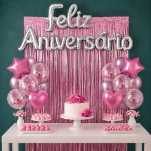 Kit Balão Feliz Aniversário Com 26 Peças Decoração Festa Cortina Letras Bexigas Rosa Claro
