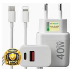 Carregador Turbo 40w Compativel Com iPhone 8 X Xr 11 12 13 14 Pro Max Usb Tipo C Duplo