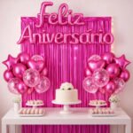 Kit Balão Feliz Aniversário Festa Cortina Faixa Decoração Pink