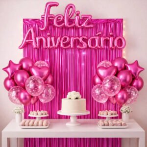 Kit Balão Feliz Aniversário Festa Cortina Faixa Decoração Pink