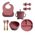 Kit Alimentação Infantil 8 Peças Rosa Silicone BPA Free Introdução Alimentar