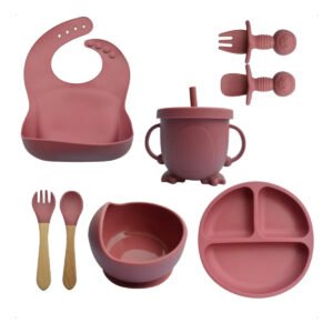Kit Alimentação Infantil 8 Peças Rosa Silicone BPA Free Introdução Alimentar