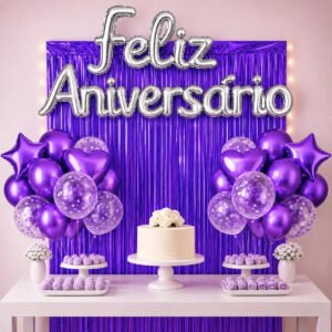 Kit Balão Feliz Aniversário Festa Cortina Faixa Decoração Roxo