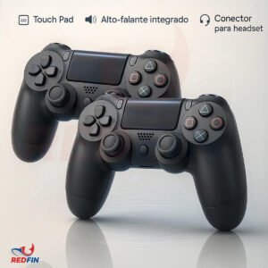 Kit 2 Controles Compatível Ps4 Cabo Controle Tv Samsung Pc P4 Ps 4 Bluetooth Dual Shock 4 Bluetooth Manete Pc Gamer Tv Smart Controle Bluetooth Sem Fio Celular Headset P2 Cor Preto – Marca Redfin