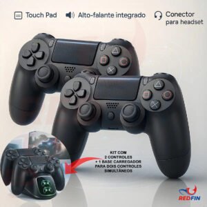Kit 2 Controles Compatível Ps4 + Base Carregador P/ 2 Controles Sem Fio – Tv Samsung Pc P4 Ps 4 Bluetooth Dual Shock 4 Bluetooth Manete Gamer Tv Smart Celular Headset P2 Cor Preto Marca Redfin