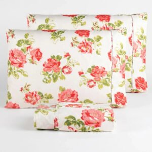 Jogo Lençol Casal 3pç 400 Fios Hipercal Conforto Macio Pétalas Rosa Com Verde Estampado
