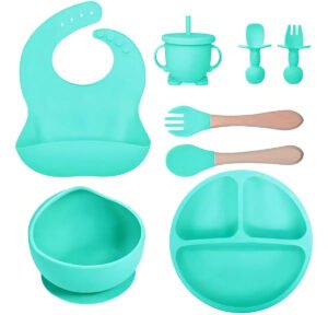 Kit Introdução Alimentar Bebê Silicone Babador Prato Ventosa Cor Ciano