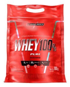 Whey 100% Pure Pouch Morango 900g Integralmedica – 21g de Proteína para Hipertrofia e Recuperação Muscular