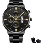 Relógio Masculino Aço Inox Quartz Minimalista Resistente A Agua Correia (IPX4) Preto Bisel Preto Fundo Preto