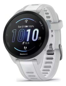 Relógio Garmin Forerunner 165 Music Amoled Branco Caixa Cinza Bisel Preto Desenho Da Pulseira Mesh