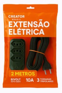Extensão Elétrica 2 Metros Cor Preta Tripolar Energia 3 Tomadas Bivolt Creator Brasil