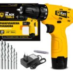 Parafusadeira Furadeira A Bateria 12V 3/8″ 10mm Bivolt 350 Rpm The Black Tools + Jogo De Brocas Com 7 Peças Oz