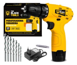 Parafusadeira Furadeira A Bateria 12V 3/8″ 10mm Bivolt 350 Rpm The Black Tools + Jogo De Brocas Com 7 Peças Oz