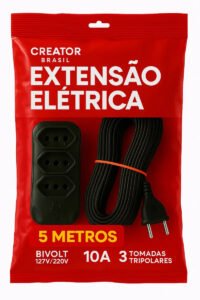Extensão Elétrica 5 Metros Compacta Tripolar Energia 3 Tomadas Bivolt Creator Brasil