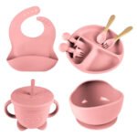 Conjunto Papinha Pratinho Silicone Rosa Livre de BPA 8 Peças Introdução Alimentar