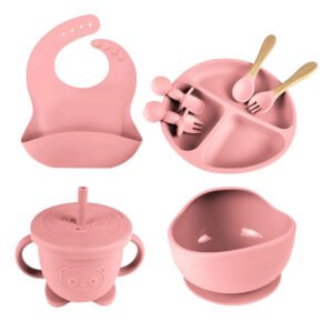 Conjunto Papinha Pratinho Silicone Rosa Livre de BPA 8 Peças Introdução Alimentar