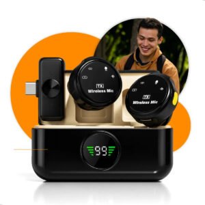 Microfone Lapela Redondo Imã Sem Fio Preto Duplo Anti Ruído Cor Preto – Tipo-C para Android ou IPhone 15 16 e 17