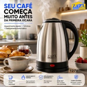 Chaleira Jarra Elétrica 1,8L Litros Em Inox Desligamento Automático Aquecimento Rápido Segura Café Chá Fácil Abertura Tampa Alça Ergometrica
