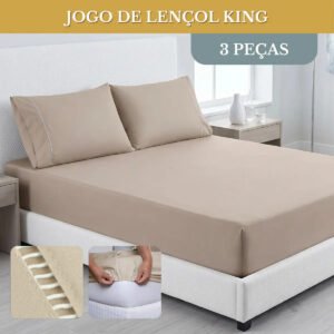 Jogo De Lençol Cama King 03 Peças 400 Fios Ponto Palito Cor Cáqui Desenho Do Tecido Lisa